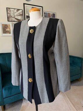Classic Black & White Houndstooth Vintage Jacket with Gold Buttons